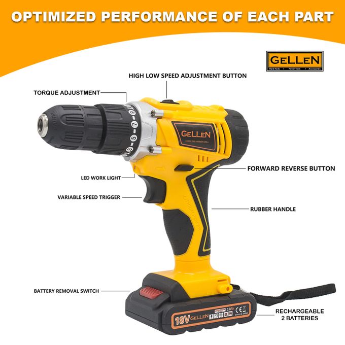 Gellen Cordless Drill 18V 2 Lithium Batteries FREE Accessories - Image 6